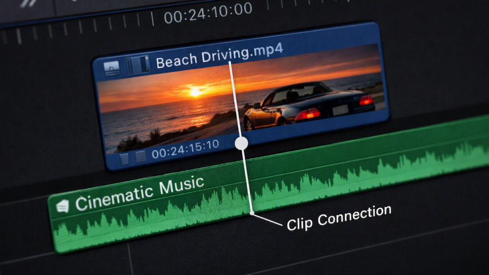 Fitur Clip Connections untuk menjaga sinkronisasi audio di Final Cut Pro
