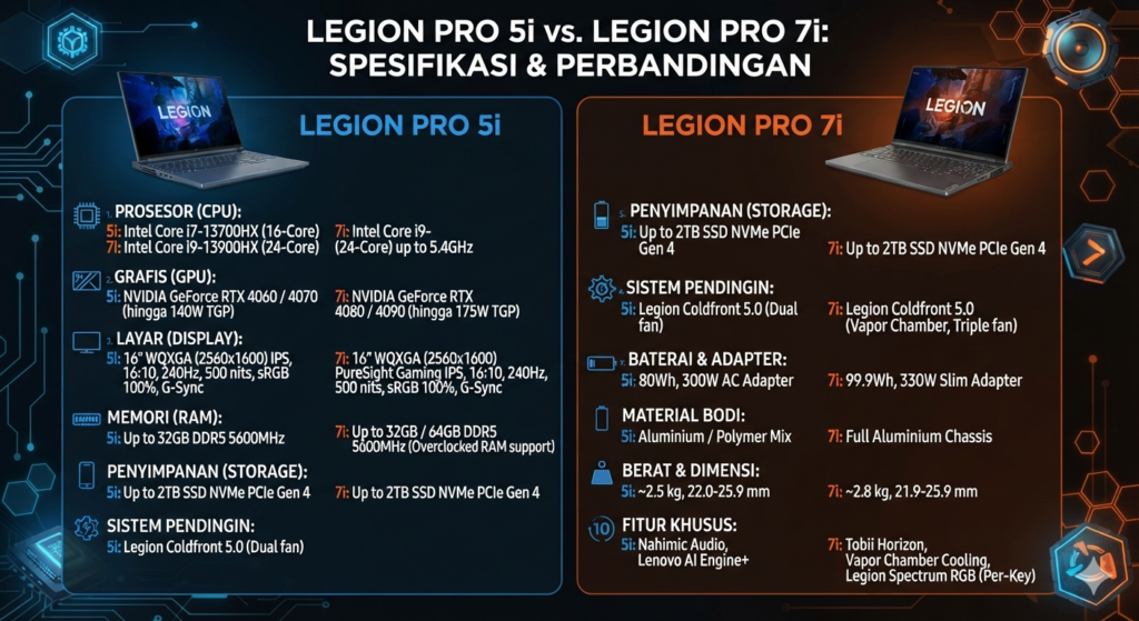 Perbandingan spesifikasi laptop Lenovo Legion Pro 5i vs Legion Pro 7i