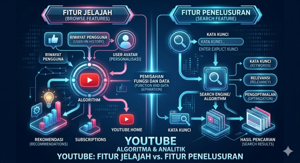 Perbedaan cara kerja algoritma Fitur Jelajah dan Penelusuran di YouTube