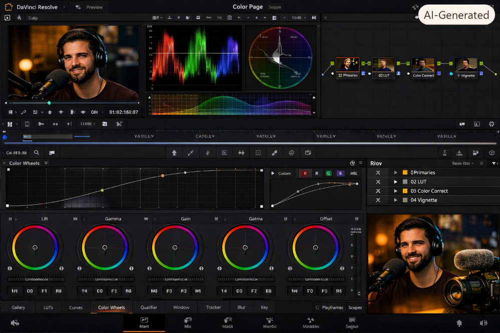 Tampilan workspace color grading profesional di DaVinci Resolve