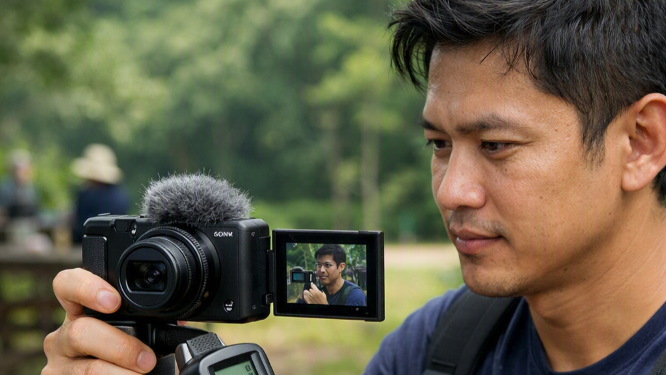 Pengujian ergonomi fisik Sony ZV-1 II di lingkungan outdoor oleh tim Creator Dock