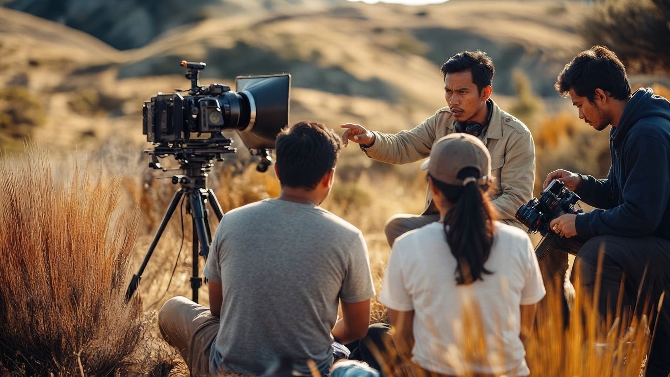 Tim produksi sedang melakukan perekaman film dokumenter di alam terbuka menggunakan kamera profesional dan perlengkapan suara