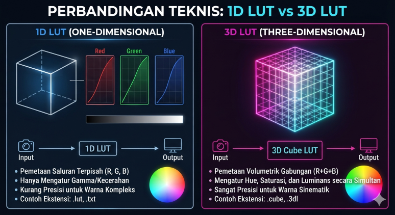 perbedaan struktur data antara 1D LUT (pemetaan linear per saluran warna) dan 3D LUT (pemetaan kompleks dalam ruang kubus warna 3 dimensi)