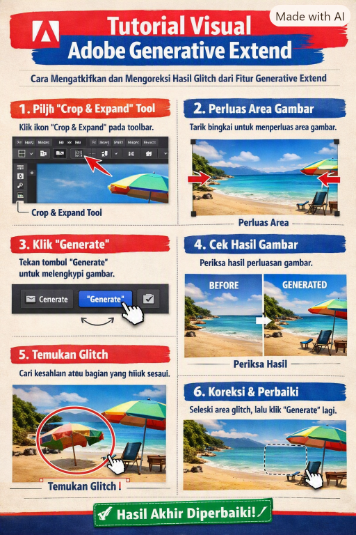 tutorial visual berupa gambar ilustrasi alur kerja (workflow) langkah-demi-langkah mengaktifkan dan mengoreksi hasil glitch dari fitur Adobe Generative Extend
