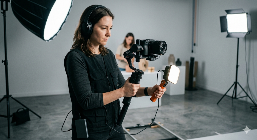 Simulasi visual penggunaan rig kamera mirrorless dan stabilizer ringkas dalam sesi produksi video indoor dengan pencahayaan terkontrol.