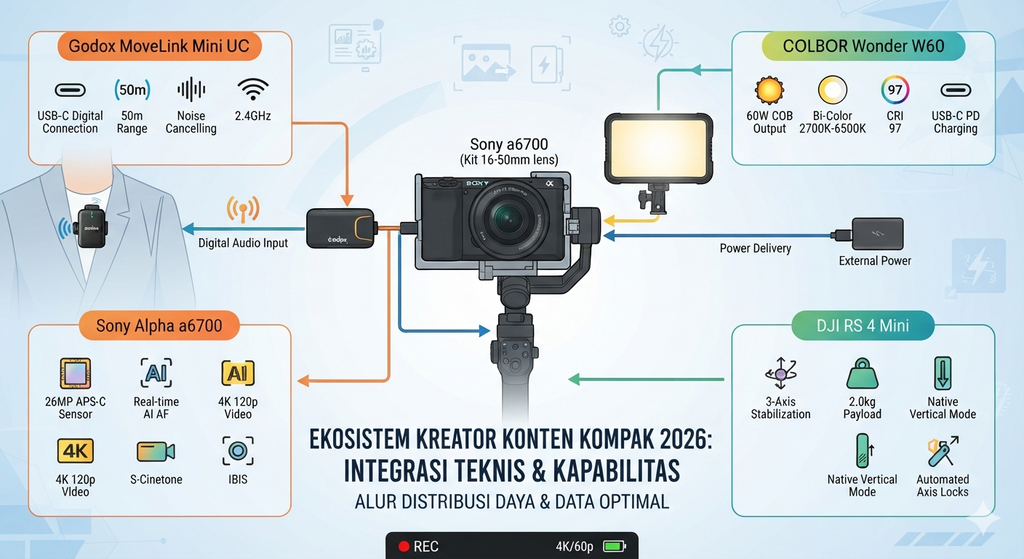 infografis teknis yang memvisualisasikan alur fungsi, distribusi data, serta kapabilitas performa dari ekosistem produksi video Anda saat dioperasikan secara penuh.